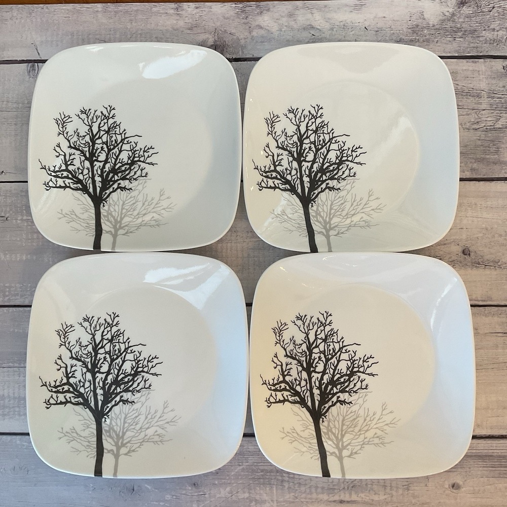Corelle Timber Shadows Luncheon Plates Set Of 4 Square Black Gray Trees 9" Salad